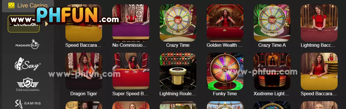 PHFUN Casino live casino interface with tables, dealers, and navigation tools