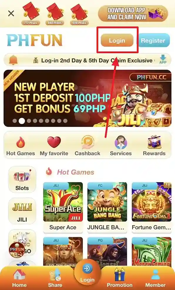 PHFUN Casino overview page showing navigation, featured games, and account sections