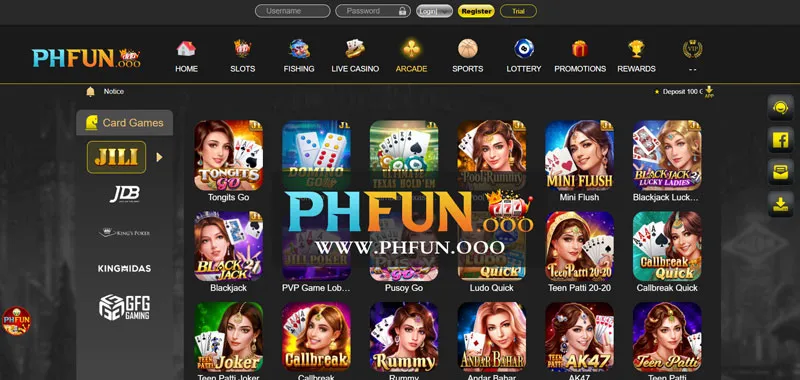 PHFUN Casino mobile interface on Android showing colorful casino navigation and game access